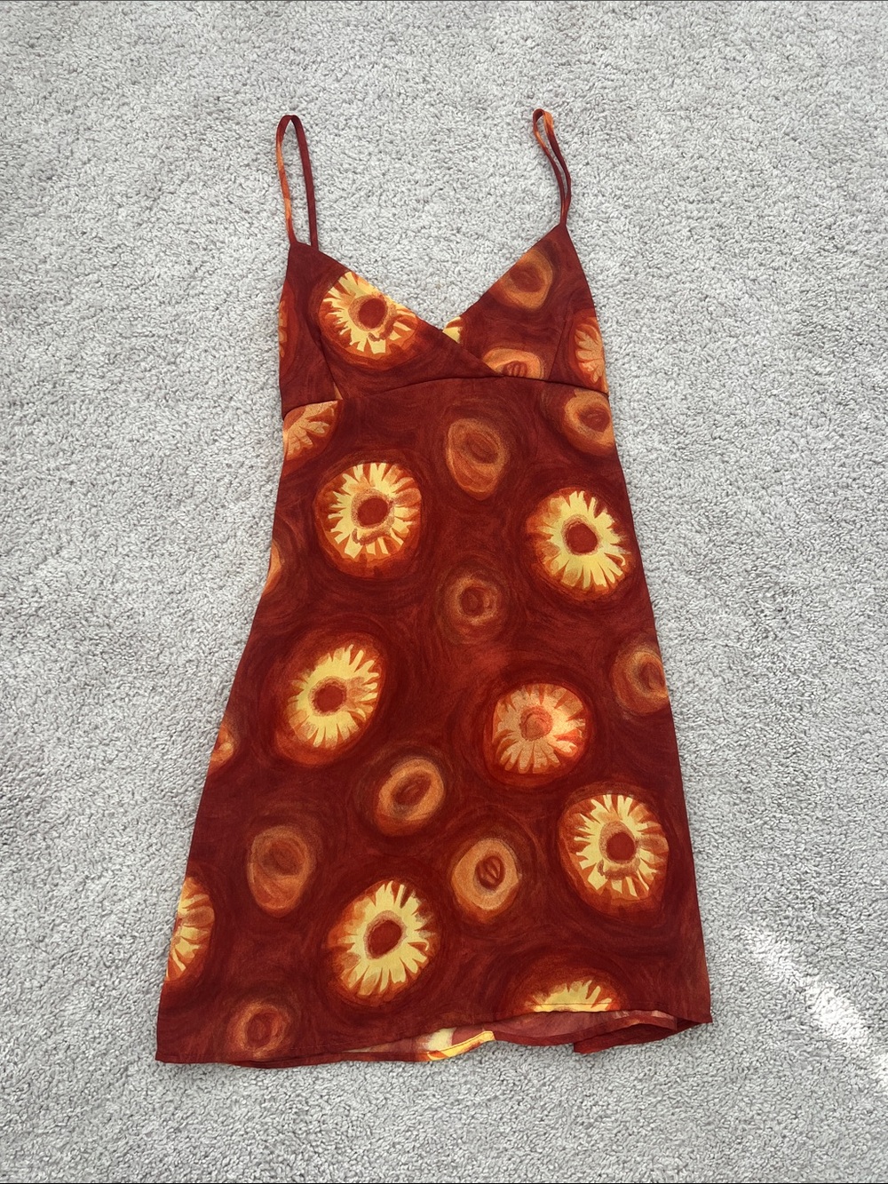 City triangles vintage 90s mini dress burnt orange yellow red suns